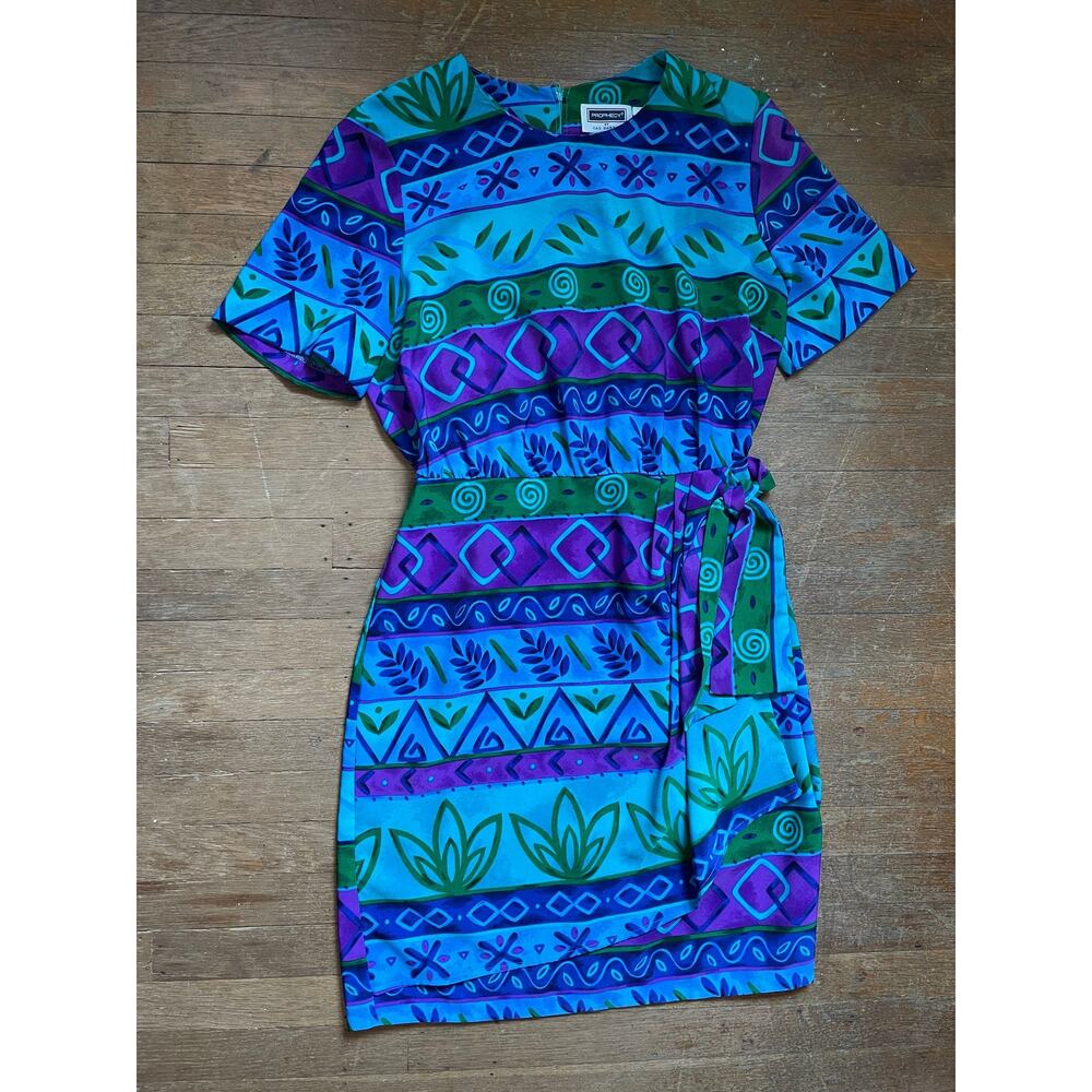 Funky 90s Vintage Faux Wrap Tropical Dress Prophecy by Sag Harbor Size 14 - Picture 4 of 7